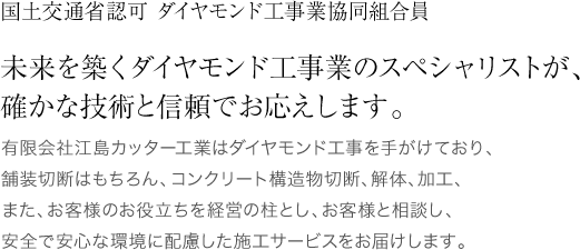 国土交通省認可 ダイヤモンド工事業協同組合員　未来を築くダイヤモンド工事業のスペシャリストが、確かな技術と信頼でお応えします。有限会社江島カッター工業はダイヤモンド工事を手がけており、舗装切断はもちろん、コンクリート構造物切断、解体、加工、また、お客様のお役立ちを経営の柱とし、お客様と相談し、安全で安心な環境に配慮した施工サービスをお届けします。